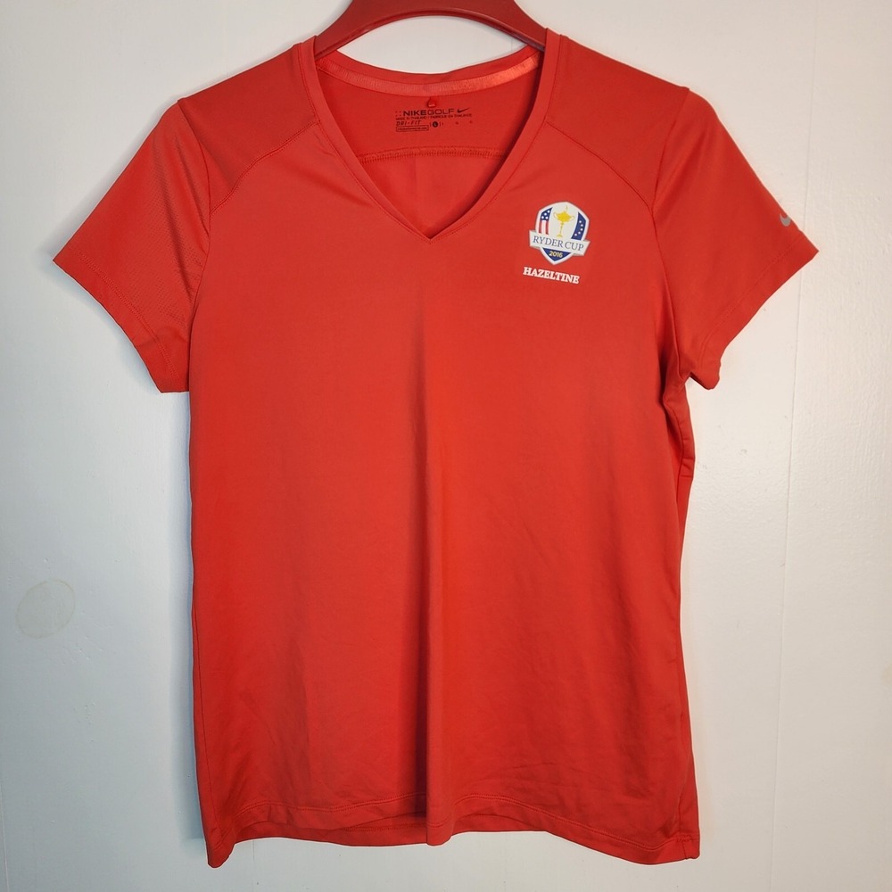Nike Dri Fit Tee Shirt Golf Shirt Women's Size Large Red V Neck Ryder Cup 2016